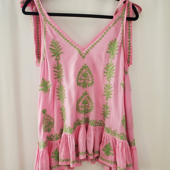 Pranella Tops - Pranella Size S/M Neon PINK Embroidered Resort/Beach Camisole